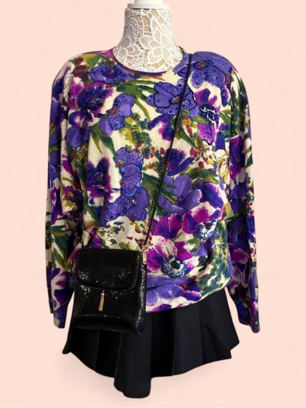 Vintage 80s Floral Pansies Print Shoulder Pad Beaded Embellished Sweater 2X
